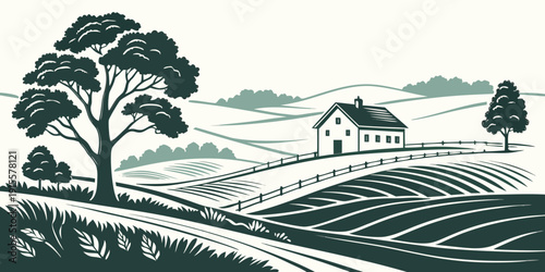 A serene countryside landscape with a farmhouse and a large tree in the distance