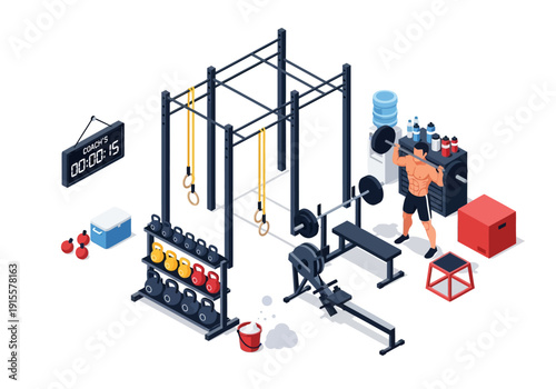A person exercising in a modern fitness center with various equipment and weights from a 3D isometric viewpoint