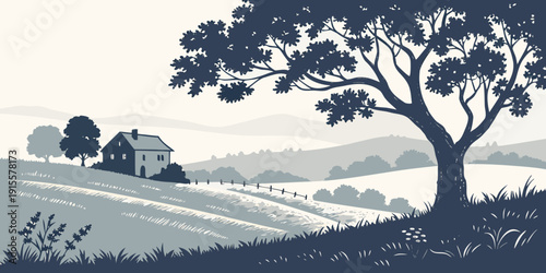 A serene landscape with a large tree overlooking a vast, open field and distant hills.