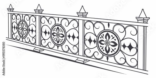 Intricate wrought iron fence with symmetrical circular designs and pointed finials