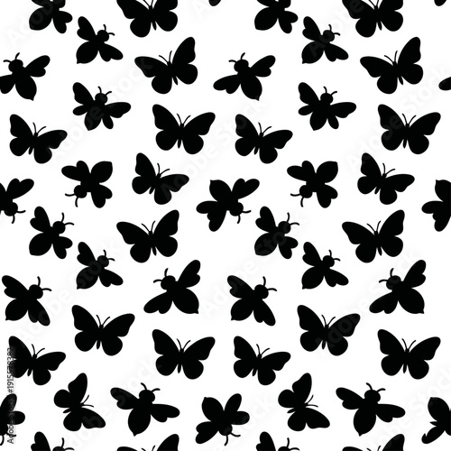 Seamless Bee and Butterfly Silhouette Pattern Vector Stencil Black on White