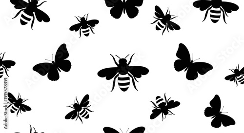 Seamless Bee and Butterfly Silhouette Pattern Vector Stencil Black on White