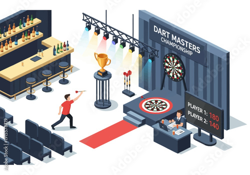 Dart player competing on stage with audience seating and bar in the background at a competitive darts tournament event