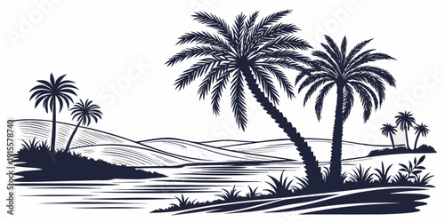 A serene tropical island with palm trees and a calm ocean in the background