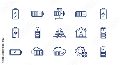 Energy Battery Icons Set: Power, Charging, Renewable, Storage, Technology