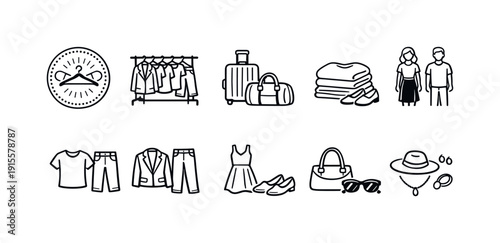 Fashion and apparel line icon set. Clothing, accessories, and wardrobe icons collection