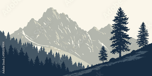 Majestic mountain range with snow-capped peaks and dense forest below