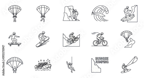 Extreme Sports Icons: Parachuting, Surfing, Climbing, Biking, Snowboarding, Rafting