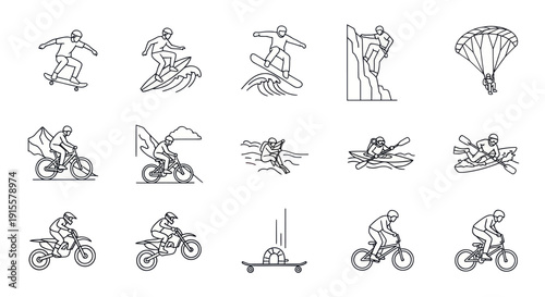 Extreme Sports Icons: Skateboard, Surf, Snowboard, Climb, Parachute, Bike, Kayak
