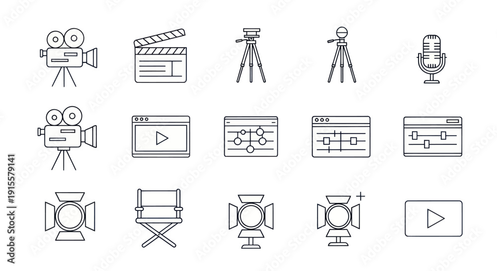 Fototapeta premium Filmmaking Icons: Camera, Clapperboard, Tripod, Spotlight, Microphone, Editing
