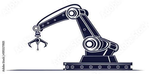 A detailed illustration of a complex industrial robotic arm with gripping tools