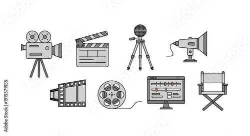 Filmmaking Equipment Set: Camera, Clapperboard, Tripod, Spotlight, Film Reel