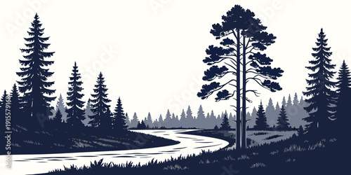 A serene forest scene with a calm river flowing through the trees