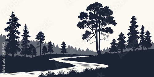 A serene landscape with a winding river and towering trees in silhouette.