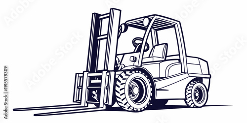 A detailed illustration of a forklift truck in black and white