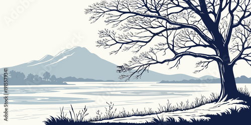 A serene winter landscape with a lone tree standing tall by the water's edge