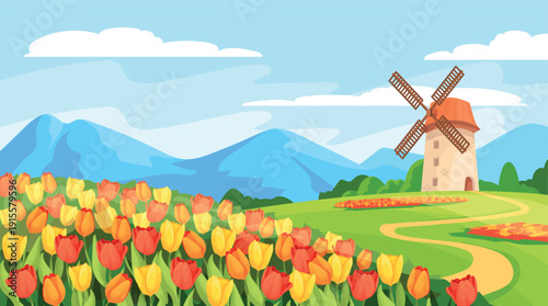Tulips field landscape. Colorful garden tulip spring flowers meadow cartoon nature background, green wildflowers plants blue sky scenery panoramic banner, neat vector illustration