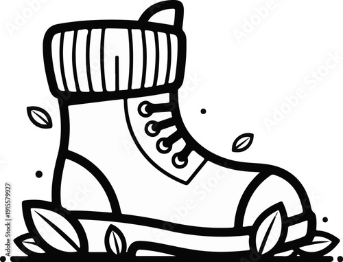 Detailed cartoon boot on an autumn leaf bed, with speckles and scattered leaves