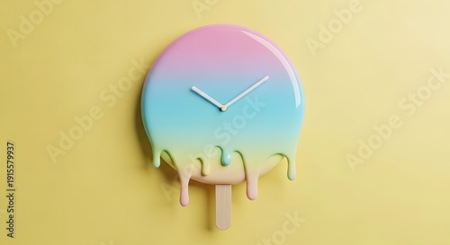 Pastel surreal close up wall clock shaped like melting popsicle with wooden stick dripping pastel pink blue green gradient glossy under studio lighting on yellow background