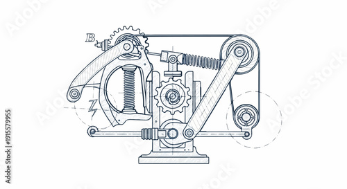 Detailed blueprint drawing of a complex mechanical contraption