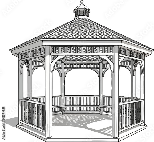 Detailed grayscale sketch of an octagonal gazebo with decorative lattice work, benches, and patterned floor