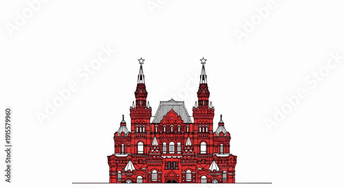 Detailed drawing of a striking red historic building with twin spires and stars