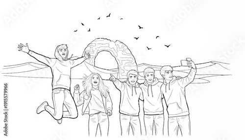 Five friends enjoying a sunny day at a natural arch, taking a selfie