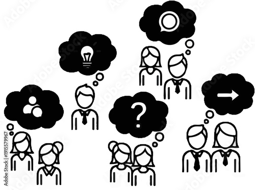 Diverse people in thought bubbles contemplating ideas, questions, and teamwork