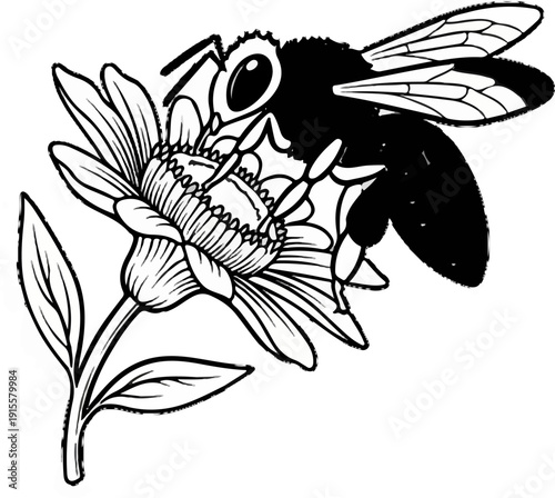 Detailed illustration of a bee collecting nectar from a flower