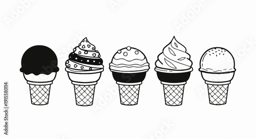 Five ice cream cones in a row, with varied toppings and textures