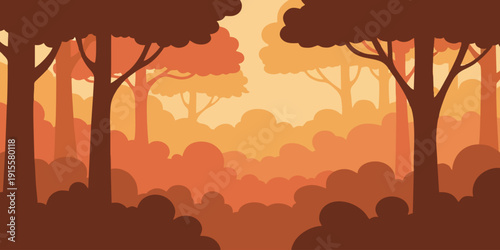 Scenic flat vector of forest at sunset with warm orange tones and layered trees. Ideal for nature background, autumn theme, outdoor adventure, and eco design projects.