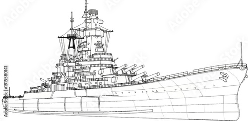 Detailed line drawing of a powerful battleship with multiple large gun turrets