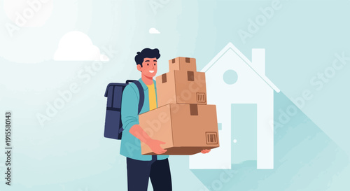 Delivery person with parcels, house silhouette and sky