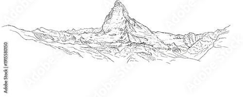 Detailed line drawing of a prominent peak surrounded by foothills and mountains