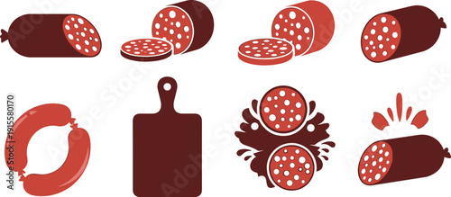 Salami and sausage meat products set, flat vector icons with sliced pepperoni, smoked wurst, sausages and wooden cutting board isolated on white background.