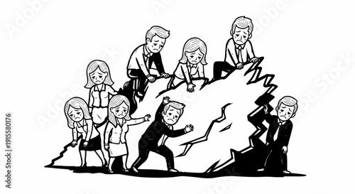 Depressed office workers struggling on a crumbling landscape