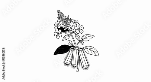 Delicate botanical illustration of a flowering plant with multiple blooms and seed pods