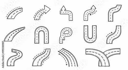 Diverse hand-drawn road paths with dashed lines indicating direction