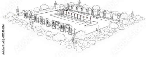 Desert electric vehicle charging station with cars, cacti, and rocks