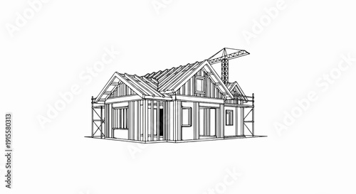 Detailed architectural sketch of a wooden house under construction with a crane