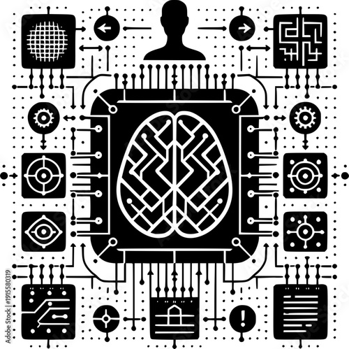 Digital Intelligence: A striking, conceptual image depicting the fusion of technology and the human mind. The artwork features a brain-shaped circuit board at its core.