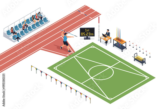 Athlete sprinting on track near soccer field with officials and spectators in stadium