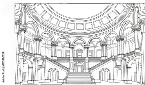 Detailed architectural rendering of a grand rotunda with a central staircase and colonnades