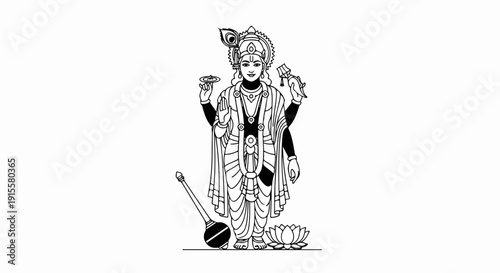 Deity with multiple arms, holding objects, adorned with a feather