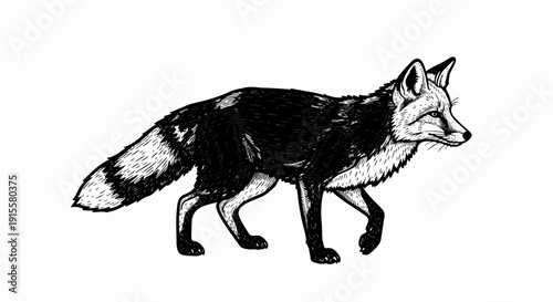 Detailed black and white drawing of a fox walking
