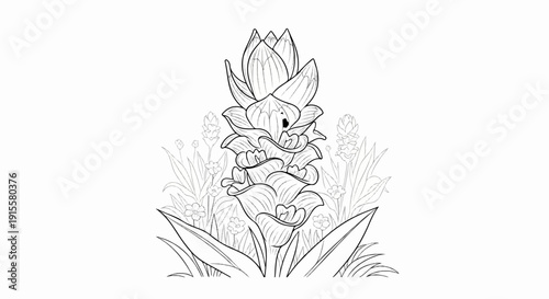 Detailed line drawing of a turmeric flower with leaves and small buds