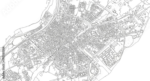 Detailed black and white aerial map showing a dense, radial urban layout and a river