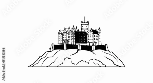 Detailed black and white drawing of a large, multi-towered castle atop a rocky hill