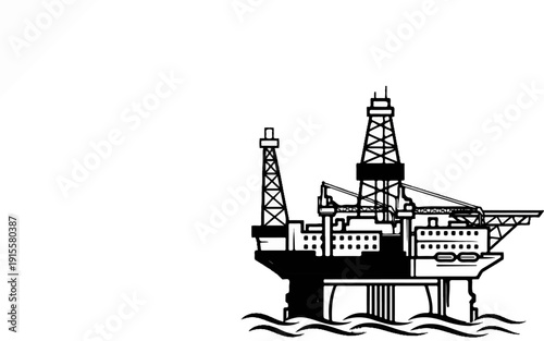 Detailed illustration of an offshore oil rig with multiple towers and structures