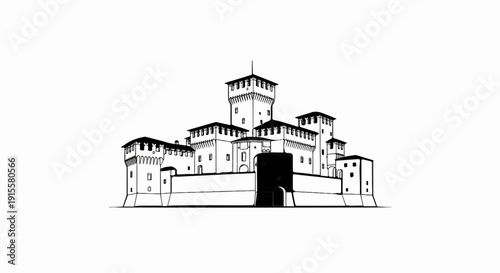 Detailed ink drawing of a medieval fortress with multiple towers and ramparts